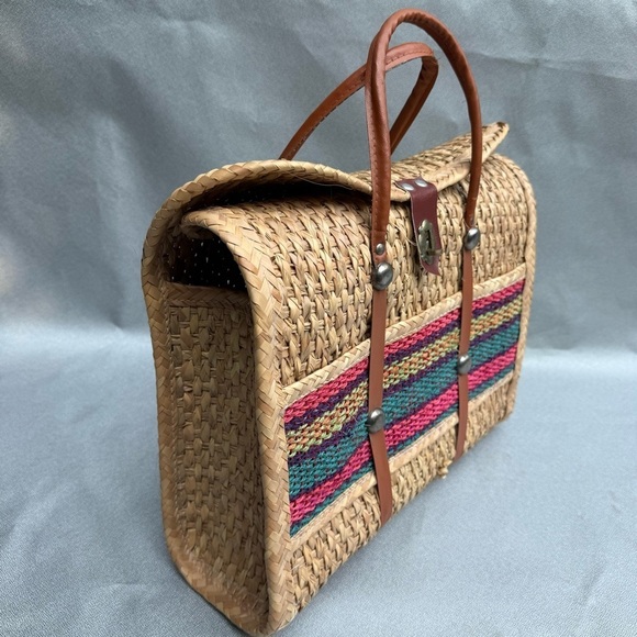 Raffia Straw Tote Bag Mexican Boho Bag Purse Beach Bag Tote w Leather Accent - Picture 2 of 5